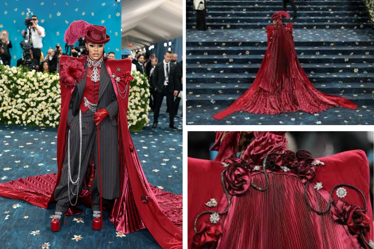 Teyana Taylor wearing a burgundy velvet cape with dramatic floral embroidery over a pinstripe suit and feathered hat at the 2025 Met Gala