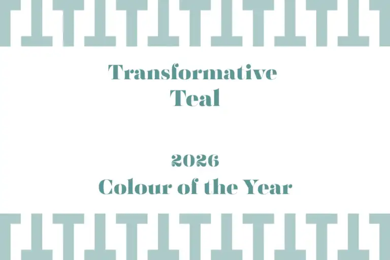 A modern graphic featuring “Transformative Teal – 2026 Colour of the Year,” with a minimalist teal design, representing a blend of blue and aquatic green that symbolises resilience, change, and nature-inspired elegance.