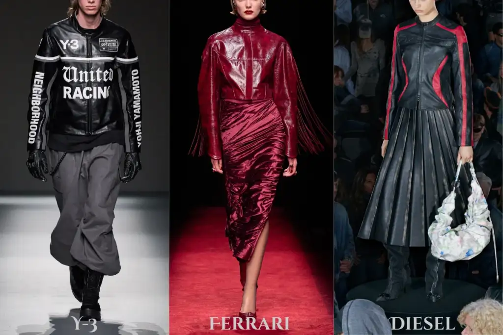 Leather Jackets 2025: Updated Essential Styles and Top Trends to Wear This Autumn 4 Runway looks of racing-inspired leather jackets from Y-3, Ferrari at Fall/Winter 2025 and Diesel at Spring/Summer 2026 Ready-to-Wear, featuring bold moto leather jacket styles and luxury leather outerwear with a high-fashion edge.