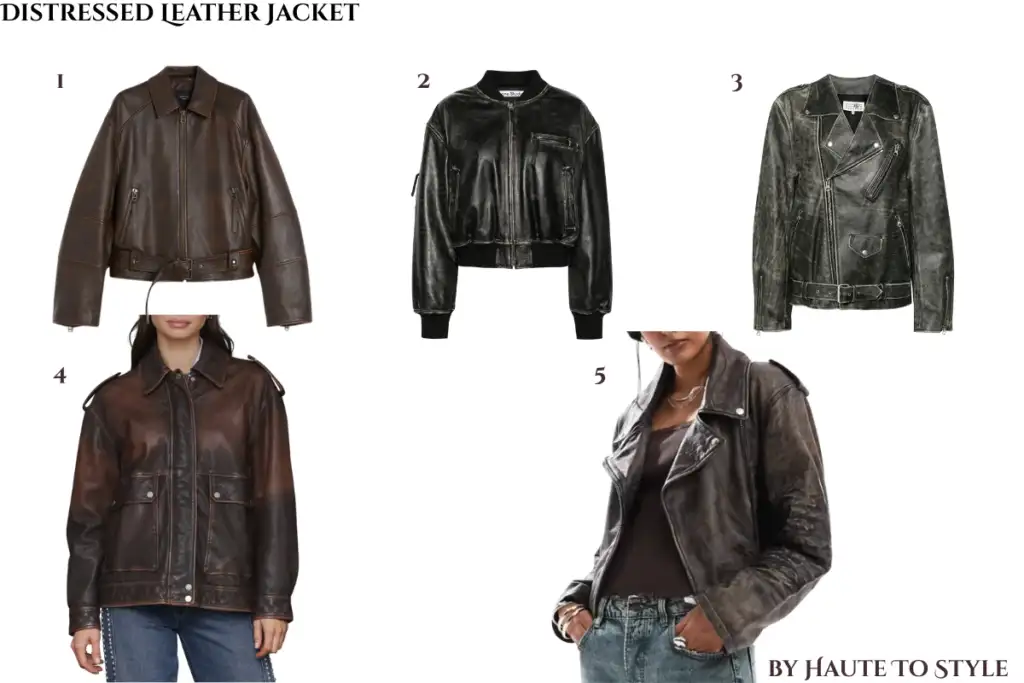 Leather Jackets 2025: Updated Essential Styles and Top Trends to Wear This Autumn 3 Collection of distressed leather jackets: cropped brown biker, black bomber, moto-style jacket, oversized brown leather, and relaxed vintage biker. Curated by Haute to Style for Fall/Winter 2025 and 2026 fashion trends.