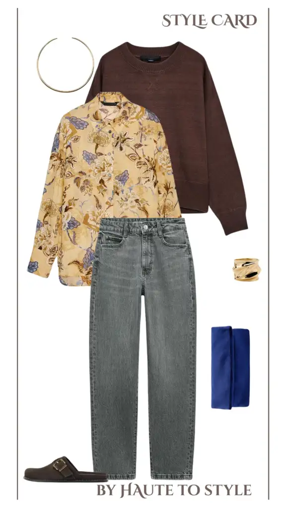 August Outfit Card: Everyday Looks for Effortless Style. 12 Layered autumn outfit featuring a brown knit sweatshirt over a floral ramie shirt, grey high-waist mom jeans, cobalt blue suede clutch, brown clogs with gold buckle, and metallic choker necklace.