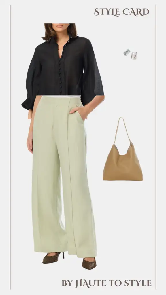 August Outfit Card: Everyday Looks for Effortless Style. 16 Woman wearing a black blouse and sage wide-leg trousers paired with a camel tote bag and brown heels-effortless everyday outfit from Haute to Style's August Style Card.