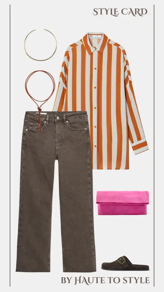 August Outfit Card: Everyday Looks for Effortless Style. 13 Haute to Style outfit flat lay featuring a burnt orange and white striped oversized shirt, chocolate brown straight-leg jeans, dark brown buckle mules, bright fuchsia clutch, gold choker necklace, and brown bolo tie, retro-modern casual look.